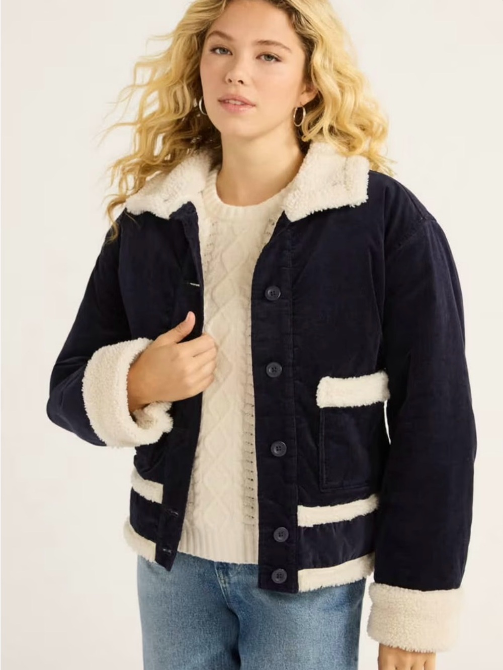 NWOT Free Assembly Navy Corduroy Jacket with Faux Shearling Trim Sz M(8-10)